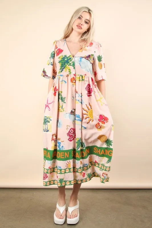 Button Down Printed Midi Dress - Blush Mix - product view 2