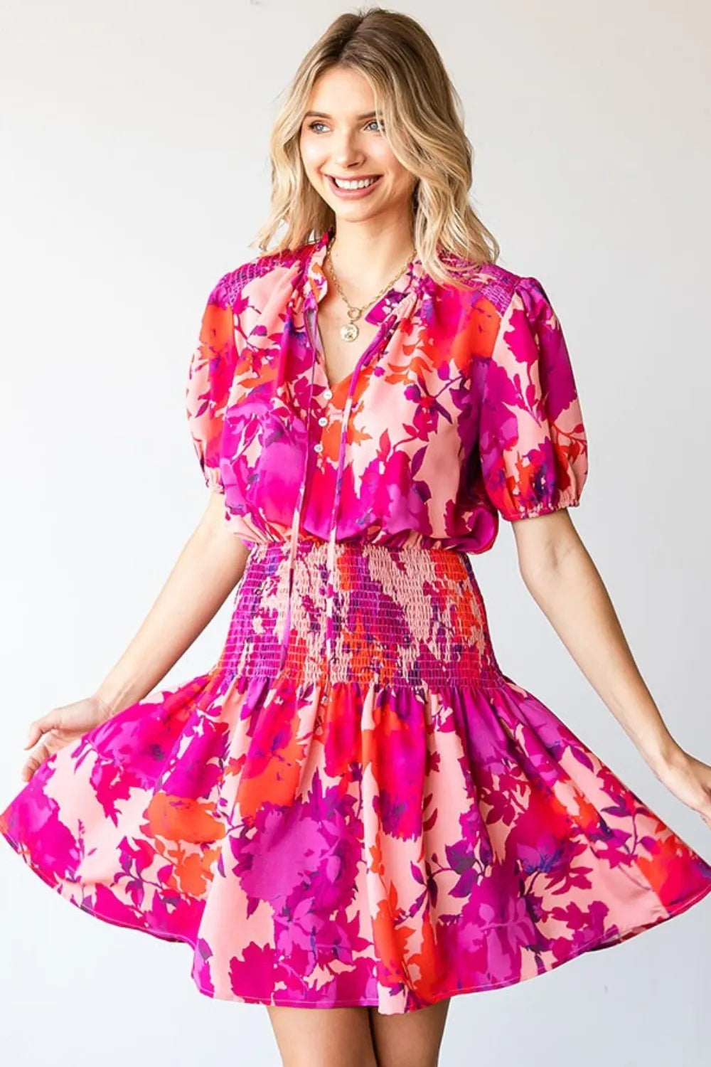 Floral Short Sleeve Smocked Mini Dress in Fuchsia Multi - product view 4