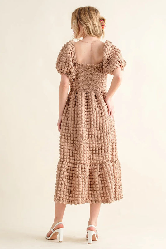 Full Size Square Neck Puff Sleeve Dress in Latte - product view 2