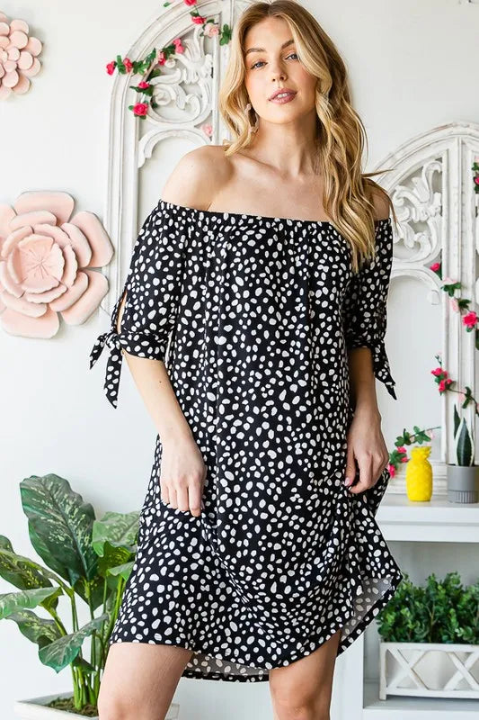 Full Size Short Sleeve Off Shoulder Animal Mini Dress Plus Size in Black/Ivory - product view 14