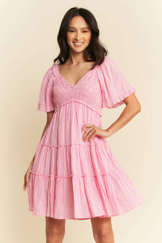 Jacquard Checker Smocking Tiered Dress - Barbie Pink - product view 2