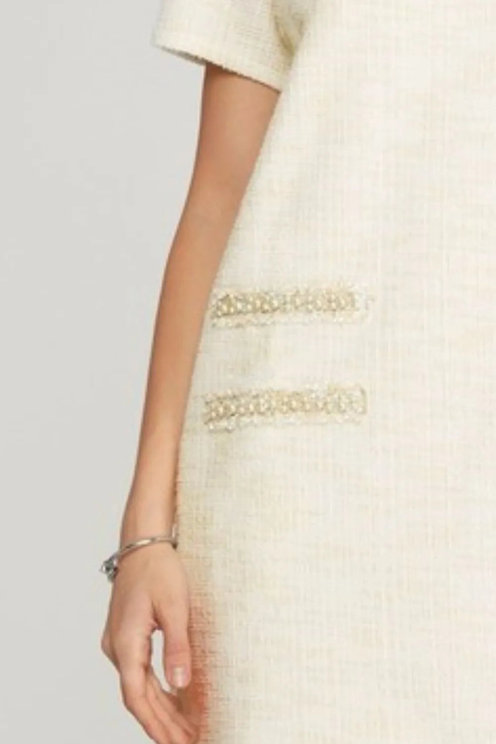 Full Size Short Sleeve Pearl Studded Trim Knit Tweed Dress Plus Size - Ivory - product view 3