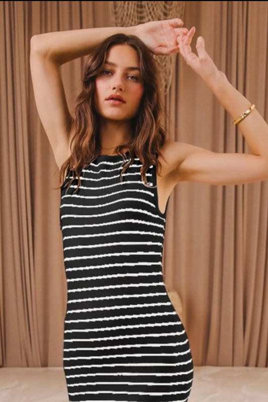 Stripe Sleeveless Sweater Knit Maxi Dress With Ruffled Hem - Black/Off White - product view 2