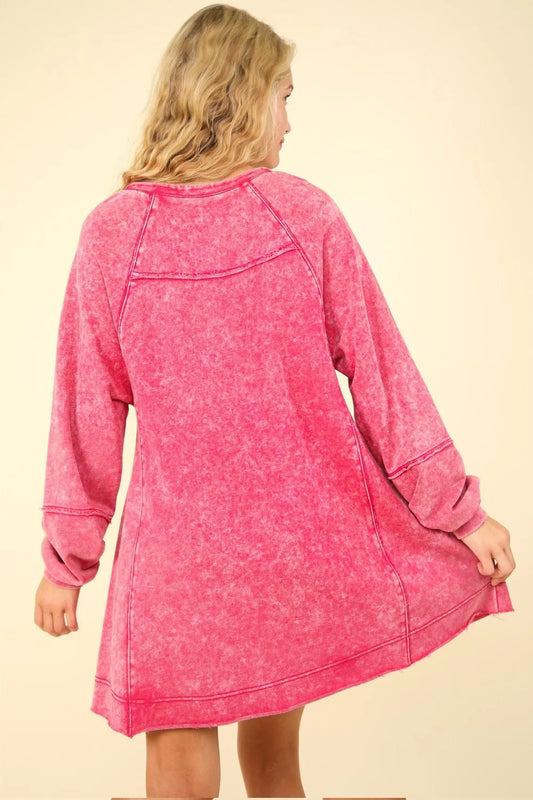 Mineral Washed Oversized A-Line Mini Dress in Magenta - product view 2