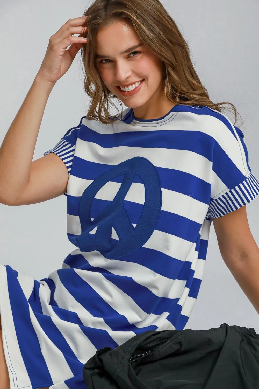 Peace Applique Striped Short Sleeve Mini Dress - Royal Blue - product view 4