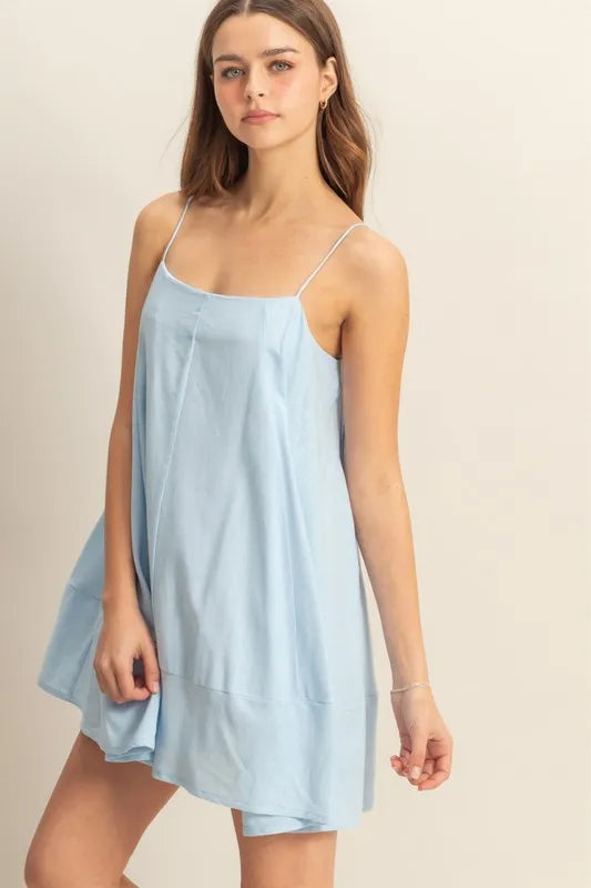 A-Line Flowy Mini Cami Dress with Pockets in L.Blue - product view 2