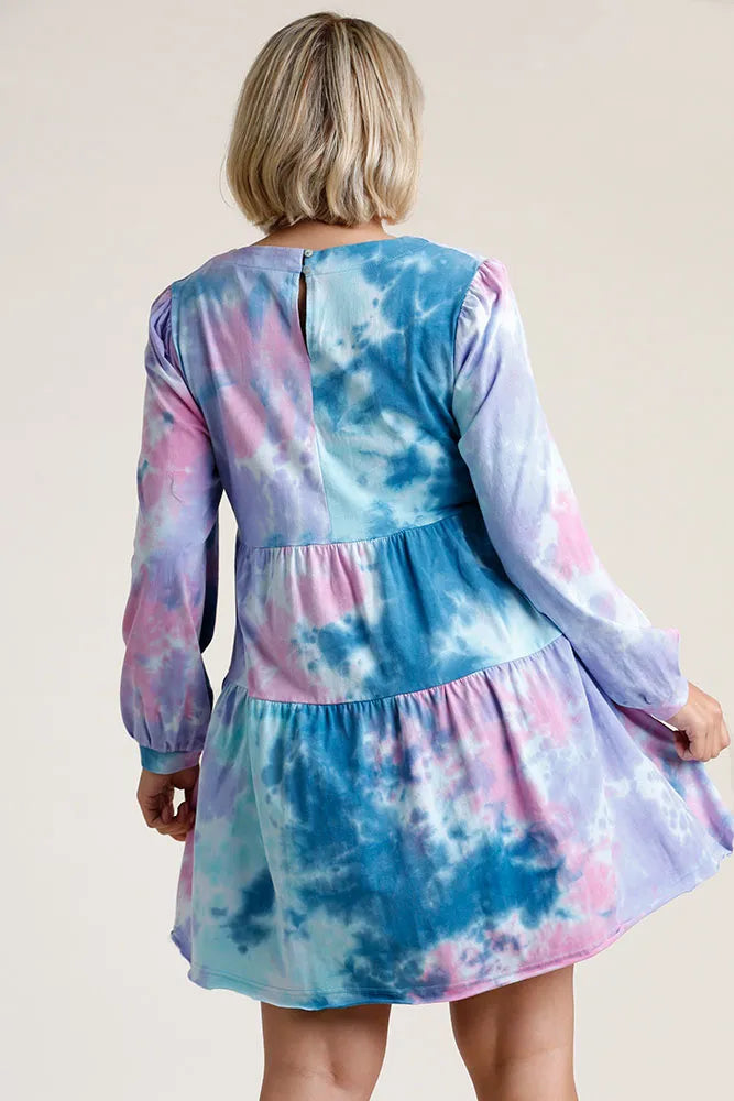 Full Size Tie Dye Round Neck Long Sleeve Babydoll Tiered Dress Plus Size in Teal/Pink - product view 5