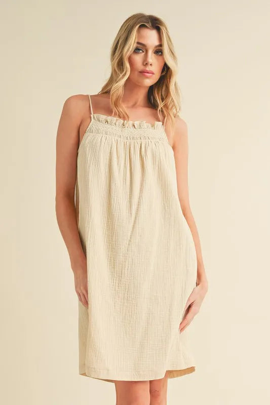 Embroidered Trim Gauze Square Neck Mini Cami Dress in Oatmeal - product view 2