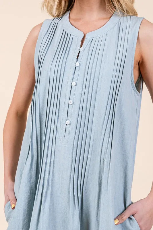 Denim Pintuck Detail Sleeveless Midi Dress in Lt Denim - product view 13