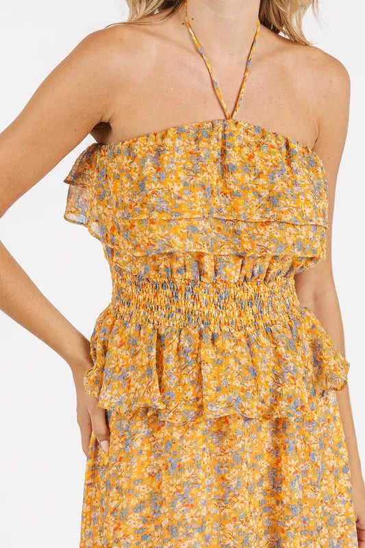 Ruffled Smocked Floral Halter Neck Maxi Dress - Tangerine - product view 5