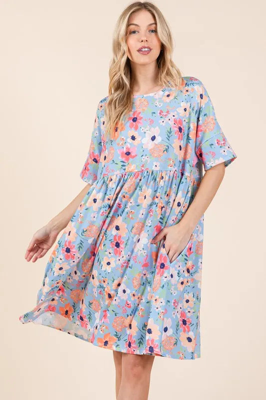Floral Shirred Dress with Pockets in As Shown - product view 2