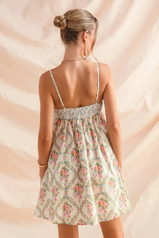 Mixed Floral Print Sleeveless Mini Dress in Cream Combo - product view 2