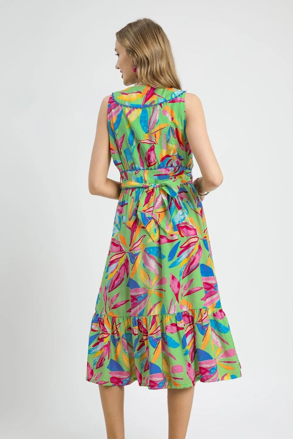 Ruffled Hem Printed Sleeveless Midi Dress in Green - product view 4