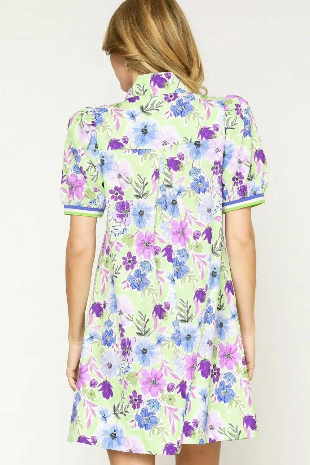 Floral Print Short Puff Sleeve Mini Dress in Light Green - product view 3