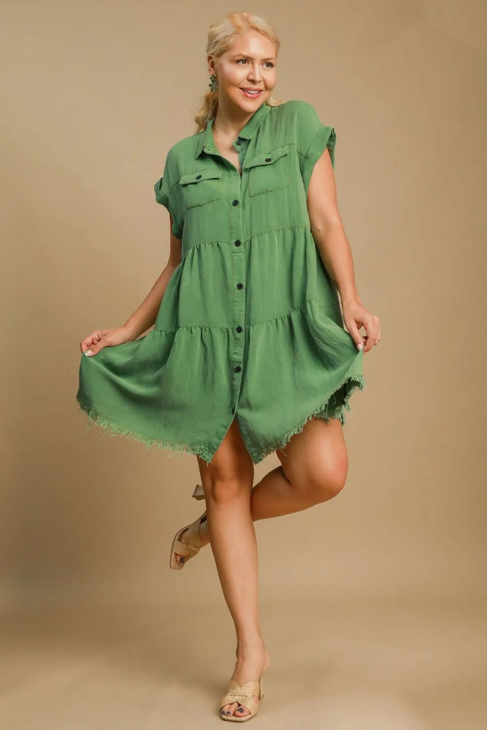 Full Size Frayed Hemline Button Down Shirt Dress Plus Size in Green - product view 5