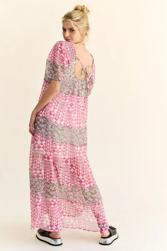 Multi Floral Square Neck Puff Sleeve Maxi Dress in Indian Pink - product view 2