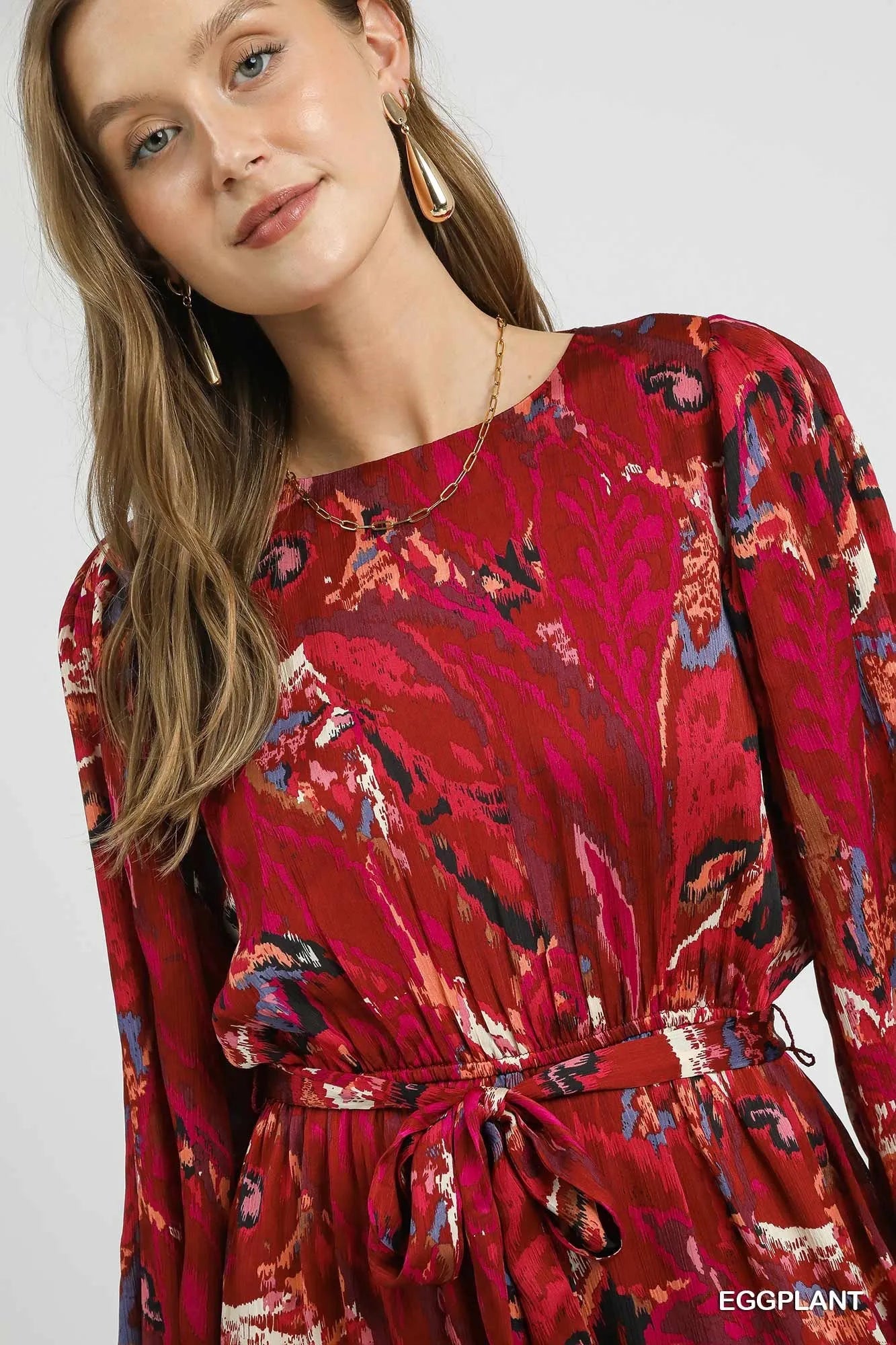 Ruffled Hem Printed Balloon Sleeve Dress in Eggplant - product view 6