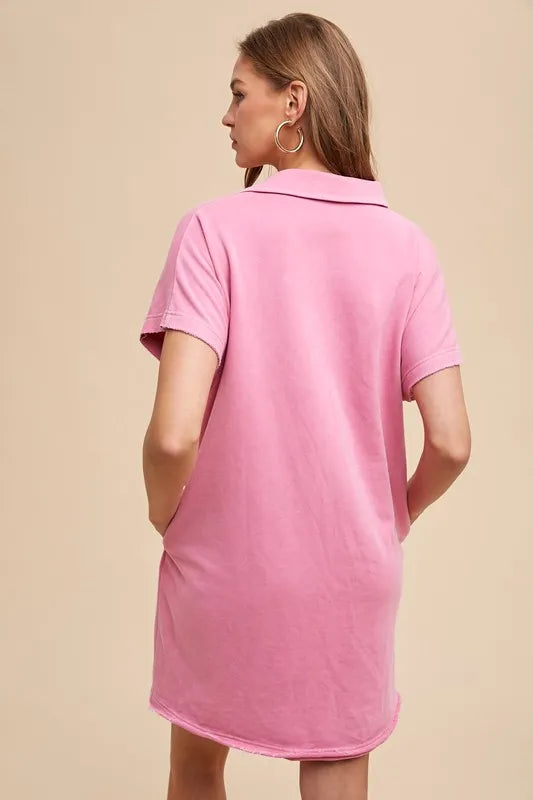 Mineral Washed Johnny Collar Short Sleeve Dress - Fuchsia Pink - product view 2