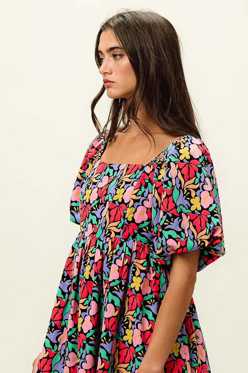 Floral Print Puff Square Neck Dress in Black Multi - product view 20