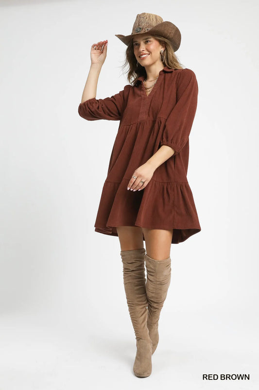 Tiered Corduroy Mini Dress with Balloon Sleeves - Red Brown - product view 2