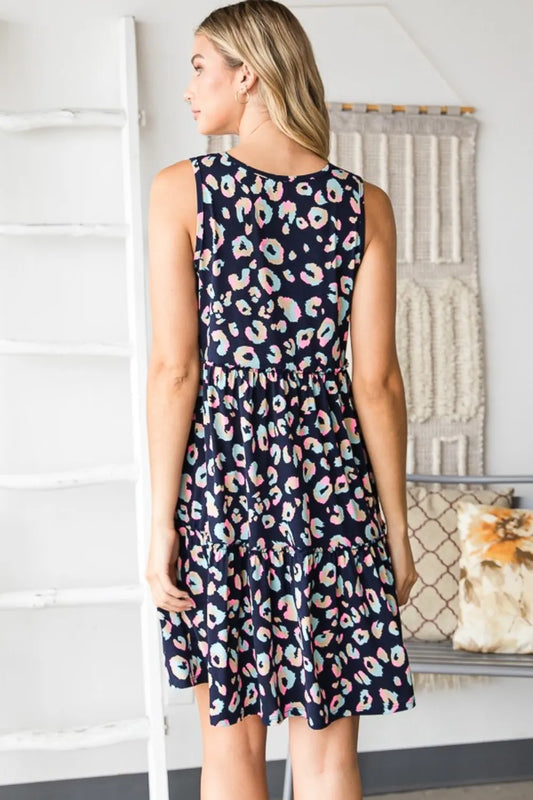 Full Size Leopard V-Neck Ruffled Tank Dress in Navy/Multi - product view 2