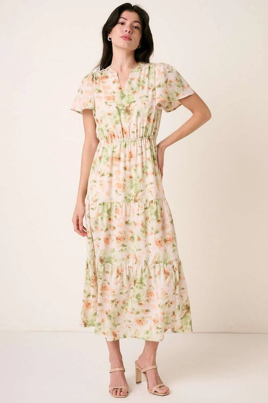 Flower Print Flutter Sleeve V Slit Maxi Dress - Sage - product view 2