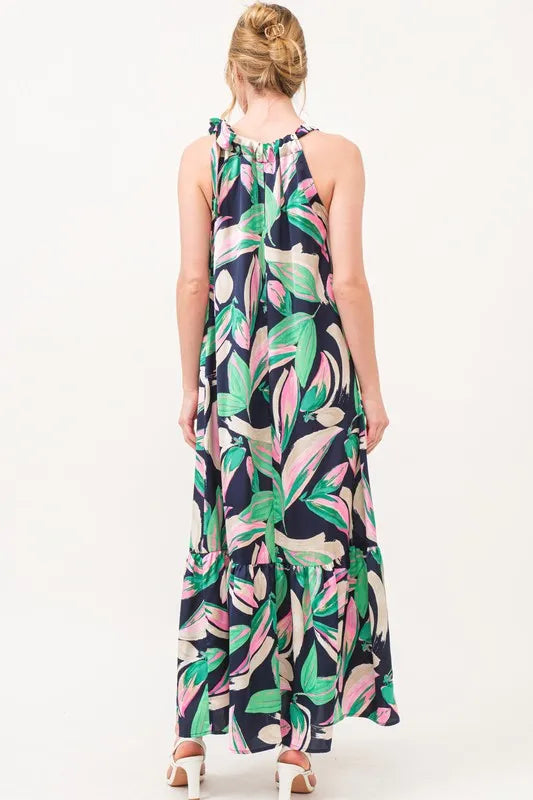 Botanical Printed Halterneck Tiered Maxi Dress in Navy - product view 2