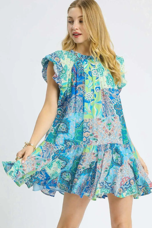 Printed Ruffle Cap Sleeve Mini Dress - Neon Green - product view 2