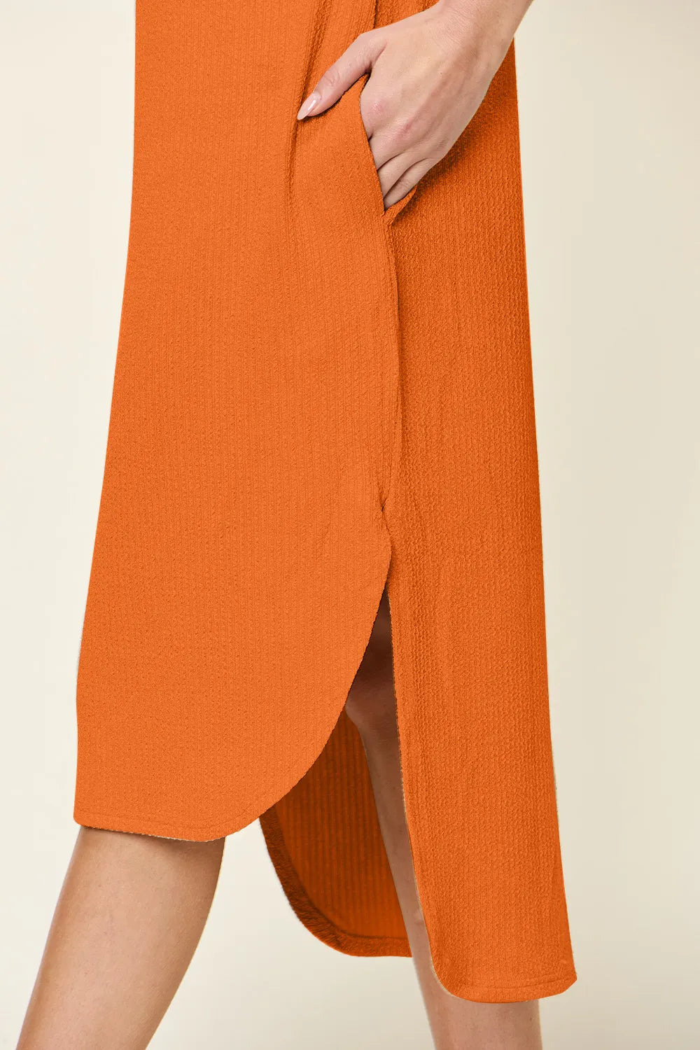 Full Size Round Neck Short Sleeve Slit Dress in Sky Blue and Tangerine - product view 8