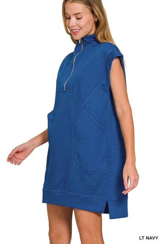 Textured Knit Jacquard Quarter Zipper Mini Dress - Lt Navy - product view 2