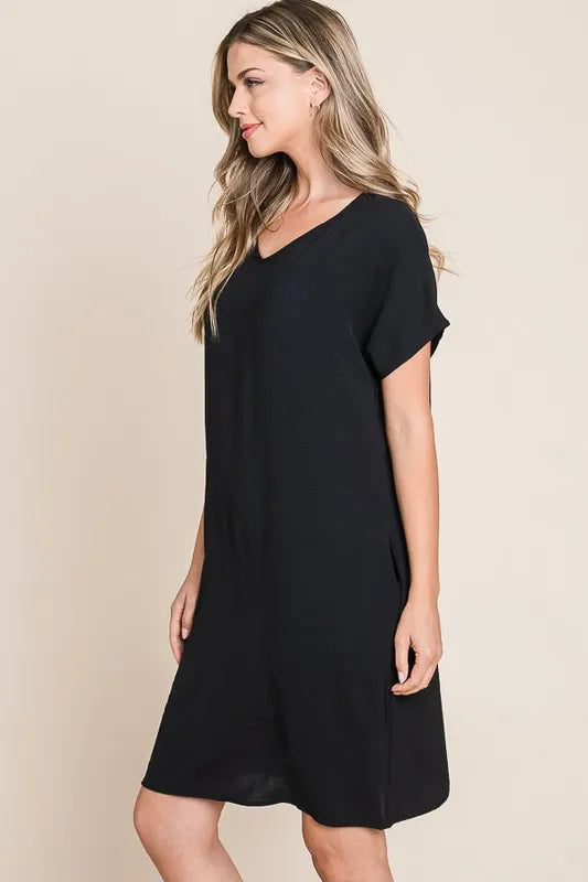 V-Neck Short Sleeve Dress with Pockets - Black - product view 4