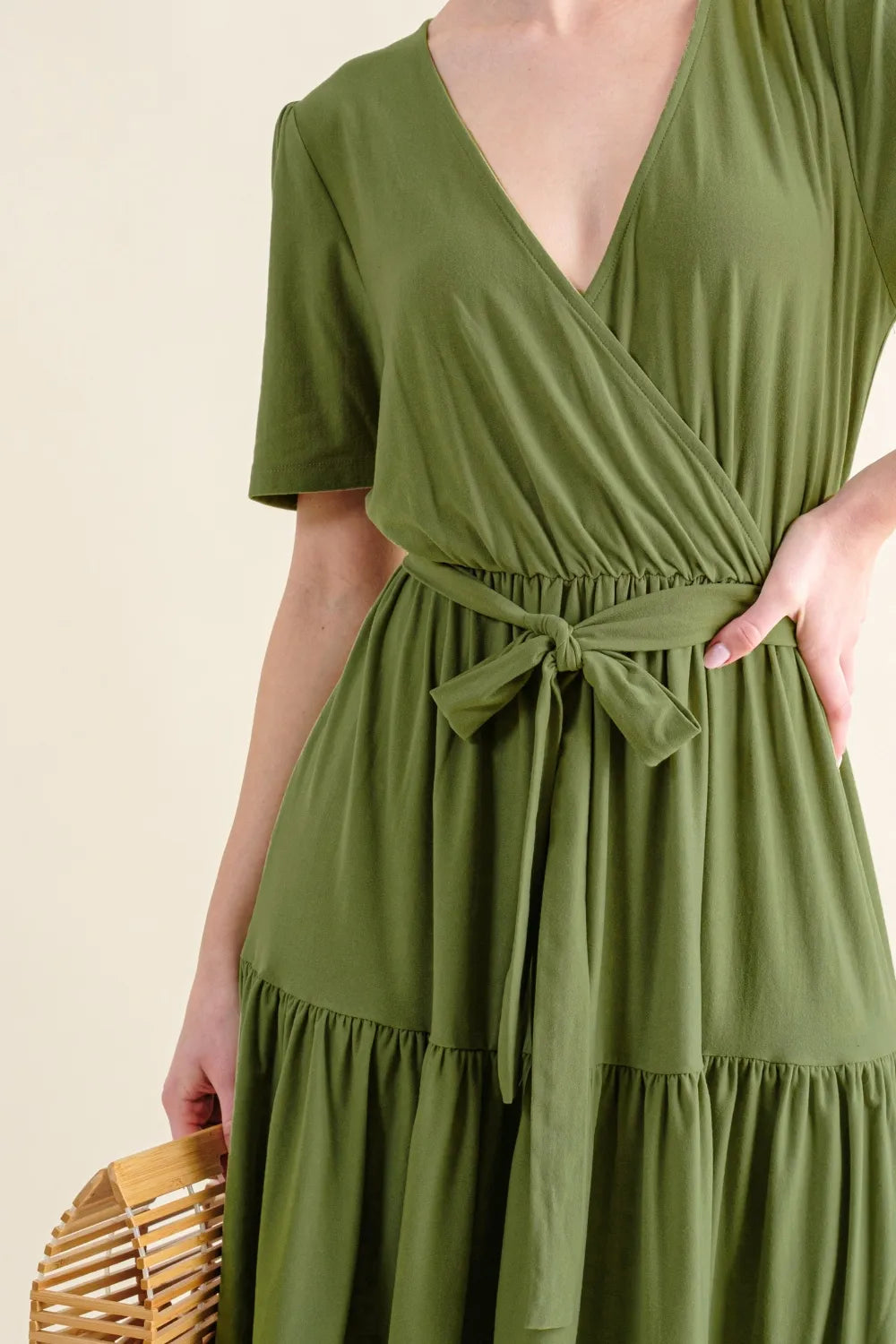 Soft Short Sleeve Tiered Midi Dress in Green - product view 6