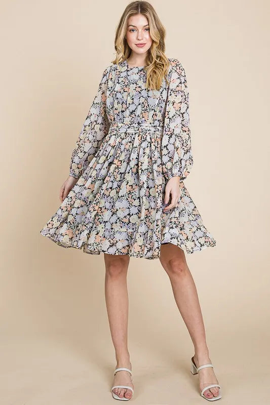 Chiffon Floral Print Belted Dress with Back Zipper - Black Floral - product view 6