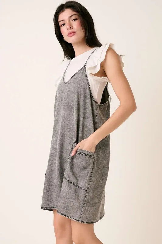 Washed Patch Pocket Mini Cami Denim Dress in Gray - product view 2