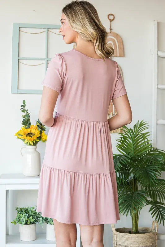 Full Size Solid Mini Tiered Dress with Pompom Lace Plus Size in Dusty Rose - product view 2