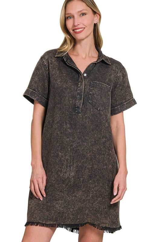 Tencel Mineral Washed Collared Shirts Dress - Ash Black - product view 2