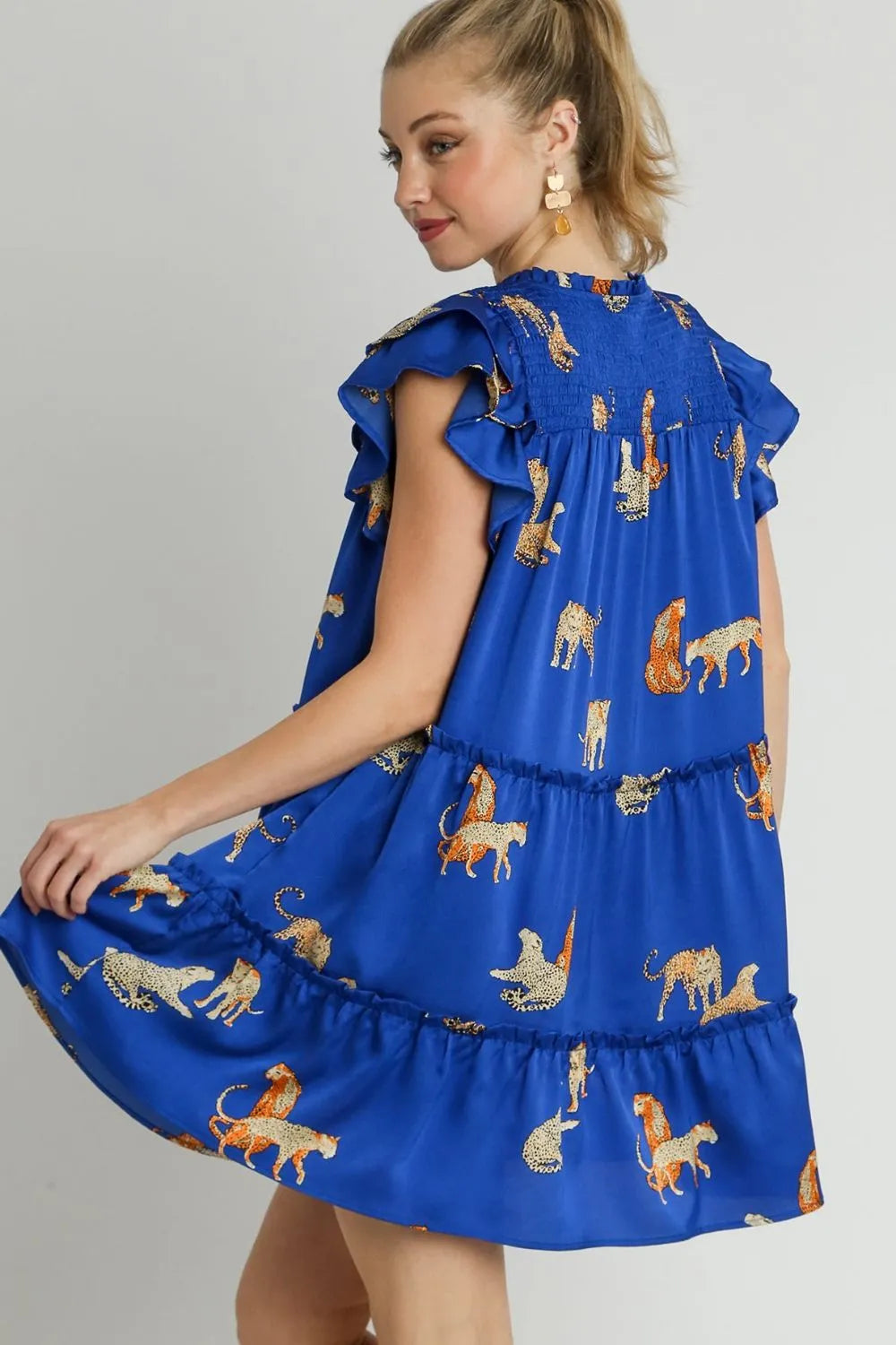 Full Size Cheetah Print Notched Ruffle Layered Cap Sleeve Mini Dress Plus Size in Royal Blue - product view 3
