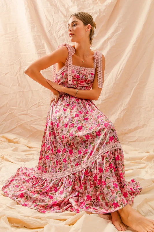 Floral Maxi Dress With Ribbon Tie Lace Strap in Pink Combo - product view 2