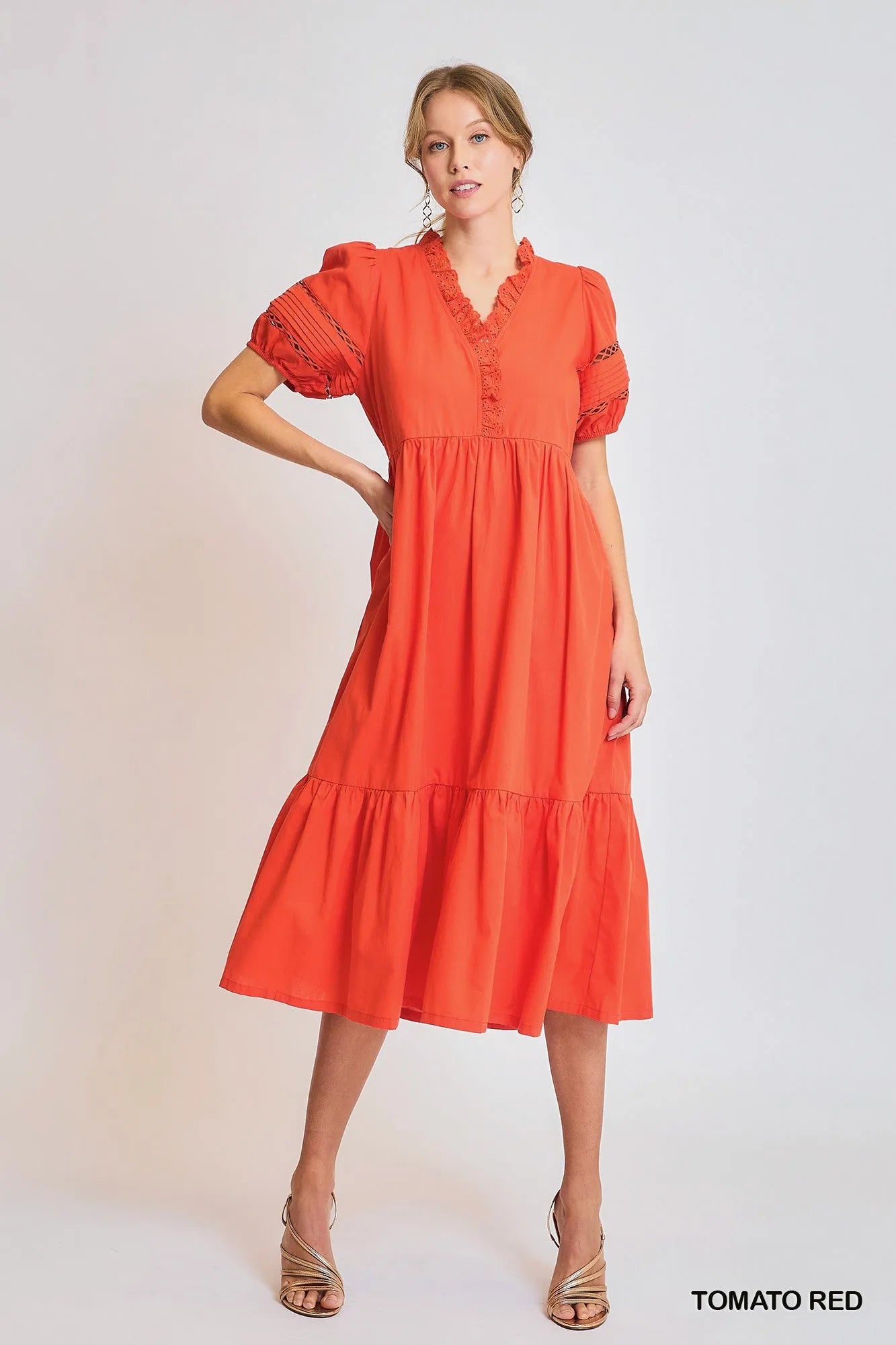 Short Sleeve Lace-Trim Ruffled Midi Dress in Tomato Red - product view 5