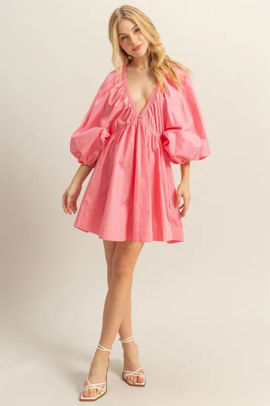 Plunge Balloon Sleeve Poplin Mini Dress with Pockets in Coral - product view 5