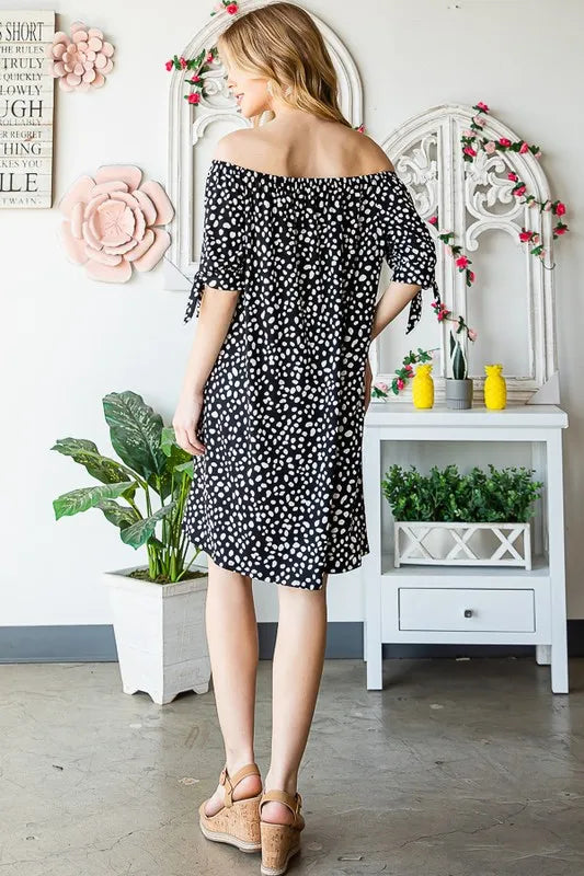 Full Size Short Sleeve Off Shoulder Animal Mini Dress Plus Size in Black/Ivory - product view 2