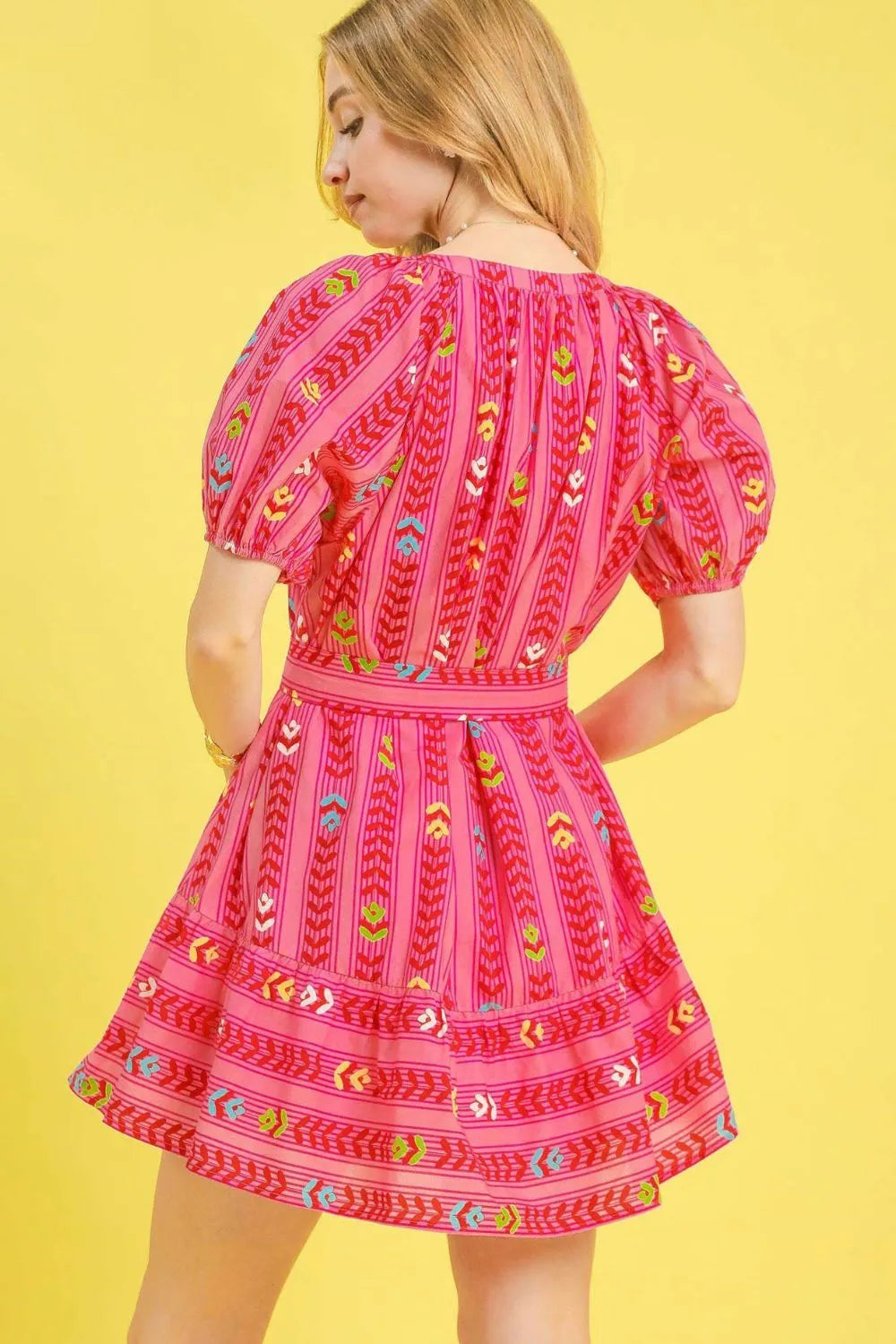 Printed Tie Waist Puff Short Sleeve Mini Dress - Hot Pink - product view 3