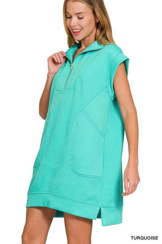 Textured Knit Jacquard Quarter Zipper Mini Dress - Turquoise - product view 2