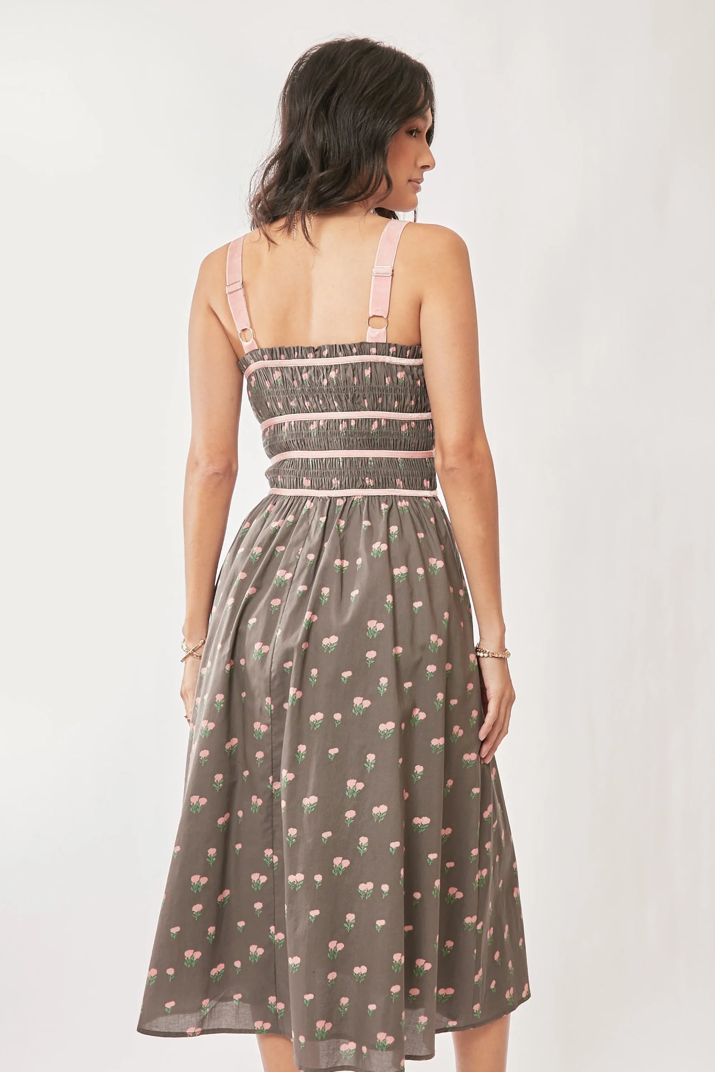 Contrast Velvet Tape Smocking Bodice Midi Dress in Mocha Brown - product view 10
