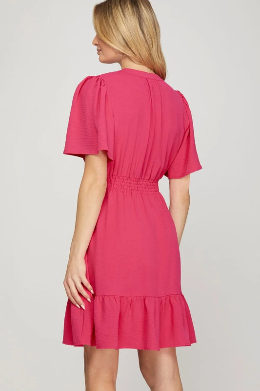 Ruffled Hem Notched Flutter Sleeve Mini Dress - Strawberry - product view 2