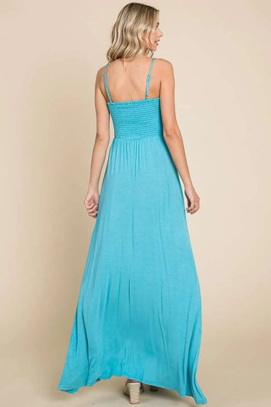 Full Size Smocked Cami Maxi Dress with Pockets - Pastel Teal - product view 2