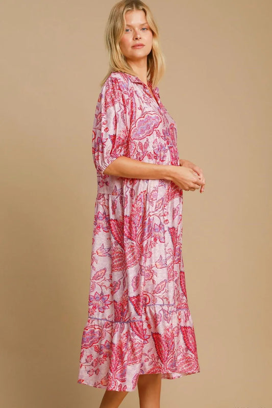 Full Size Ruffled Hem Floral Paisley Print Half Sleeve Midi Dress Plus Size in Pink Mix - product view 2