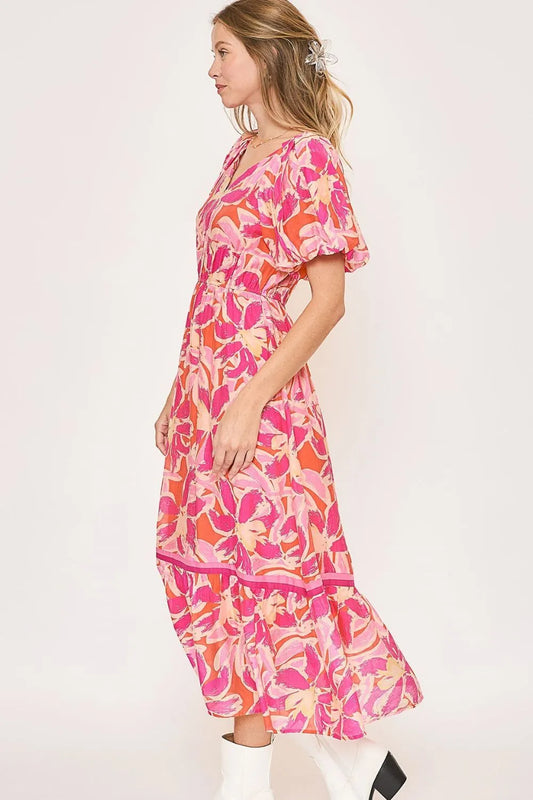 Floral Notched Puff Sleeve Midi Dress in Fuchsia Pink - product view 2