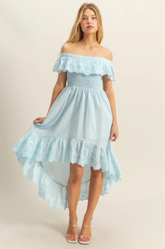 High-Low Eyelet Ruffled Off-Shoulder Dress in Pastel Blue - product view 2