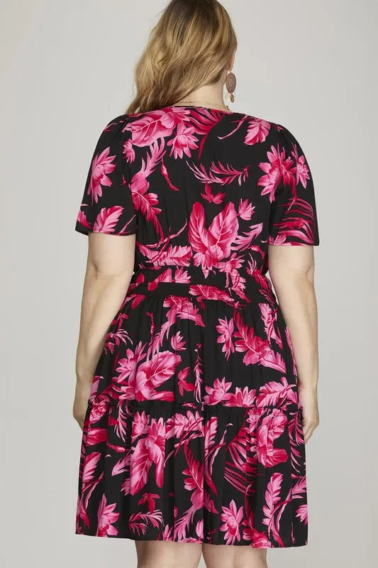 Full Size Printed Notched Short Sleeve Frill Tiered Dress Plus Size - Black - product view 4